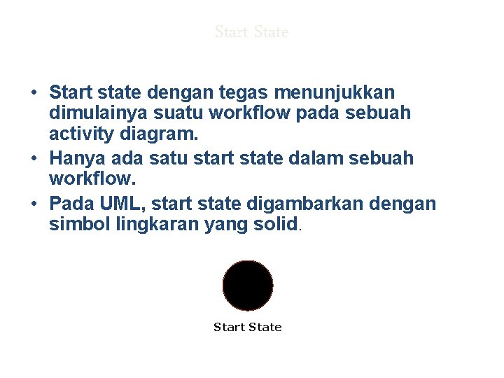 Start State • Start state dengan tegas menunjukkan dimulainya suatu workflow pada sebuah activity