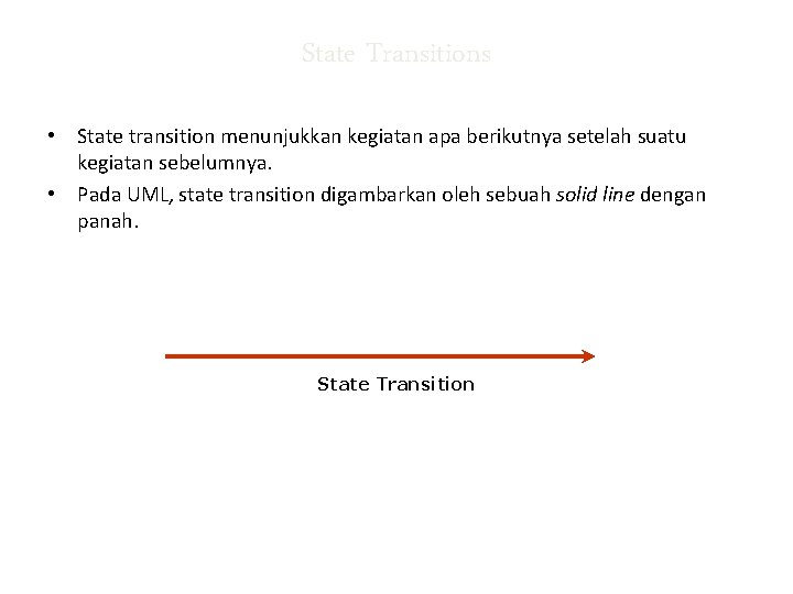 State Transitions • State transition menunjukkan kegiatan apa berikutnya setelah suatu kegiatan sebelumnya. •