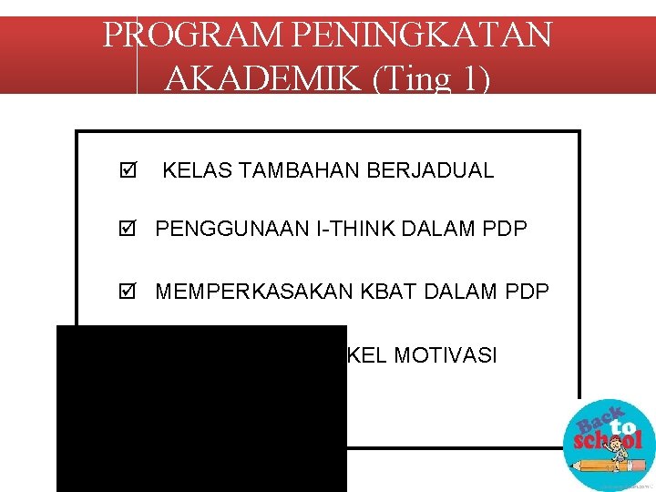 PROGRAM PENINGKATAN AKADEMIK (Ting 1) KELAS TAMBAHAN BERJADUAL PENGGUNAAN I-THINK DALAM PDP MEMPERKASAKAN KBAT