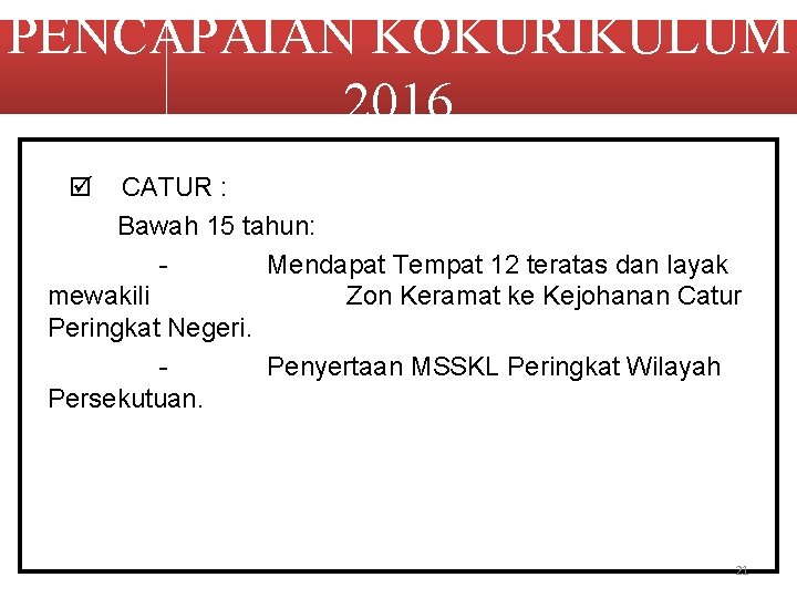 PENCAPAIAN KOKURIKULUM 2016 CATUR : Bawah 15 tahun: Mendapat Tempat 12 teratas dan layak