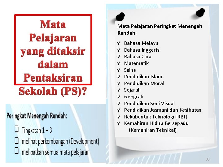Mata Pelajaran yang ditaksir dalam Pentaksiran Sekolah (PS)? Mata Pelajaran Peringkat Menengah Rendah: √