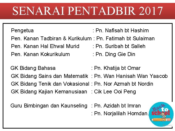 SENARAI PENTADBIR 2017 Pengetua : Pn. Nafisah bt Hashim Pen. Kanan Tadbiran & Kurikulum