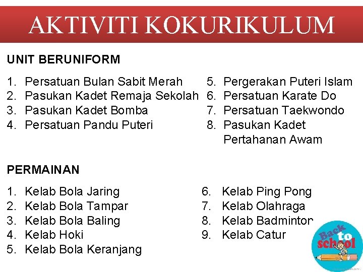 AKTIVITI KOKURIKULUM UNIT BERUNIFORM 1. 2. 3. 4. Persatuan Bulan Sabit Merah Pasukan Kadet