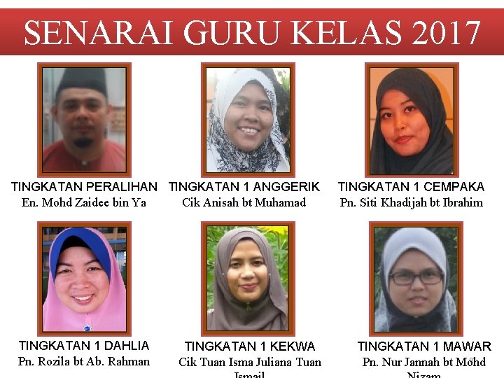 SENARAI GURU KELAS 2017 TINGKATAN PERALIHAN TINGKATAN 1 ANGGERIK En. Mohd Zaidee bin Ya