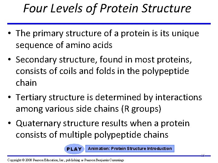 Four Levels of Protein Structure • The primary structure of a protein is its
