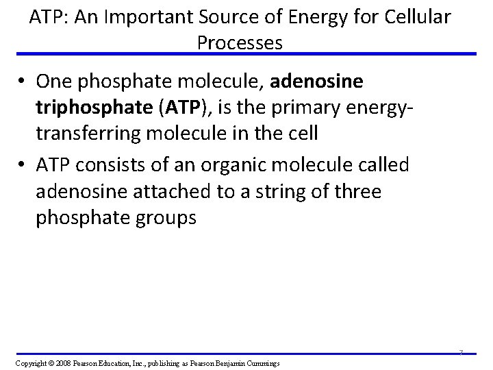 ATP: An Important Source of Energy for Cellular Processes • One phosphate molecule, adenosine