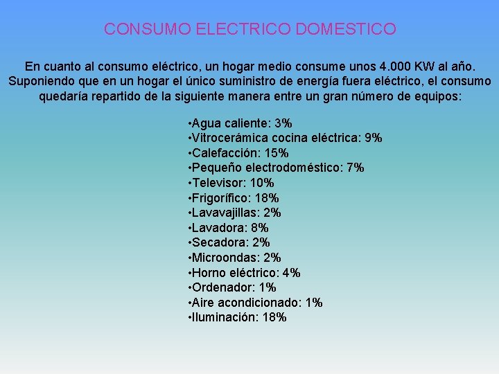 CONSUMO ELECTRICO DOMESTICO En cuanto al consumo eléctrico, un hogar medio consume unos 4.