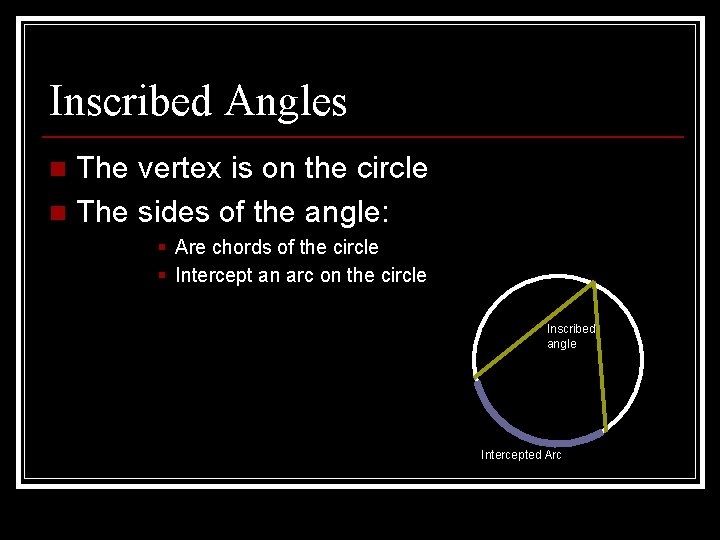Inscribed Angles The vertex is on the circle n The sides of the angle: Inscribed Angles The vertex is on the circle n The sides of the angle: