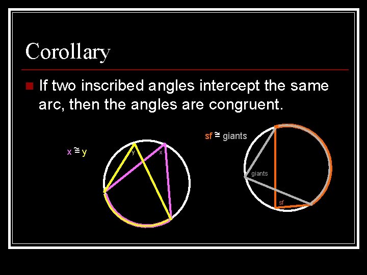 Corollary n If two inscribed angles intercept the same arc, then the angles are Corollary n If two inscribed angles intercept the same arc, then the angles are