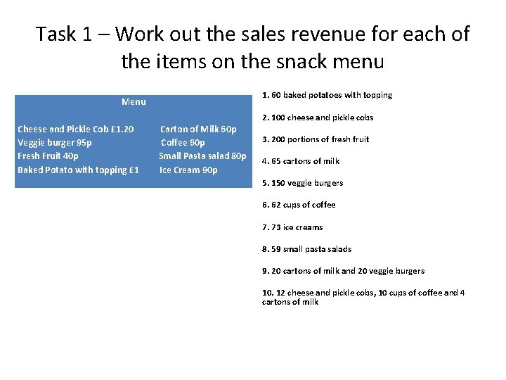 Task 1 – Work out the sales revenue for each of the items on