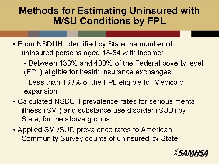Methods for Estimating Uninsured with M/SU Conditions by FPL • From NSDUH, identified by