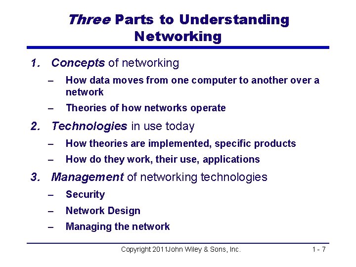 Three Parts to Understanding Networking 1. Concepts of networking – How data moves from