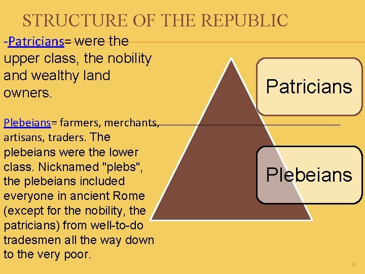 STRUCTURE OF THE REPUBLIC -Patricians= were the upper class, the nobility and wealthy land