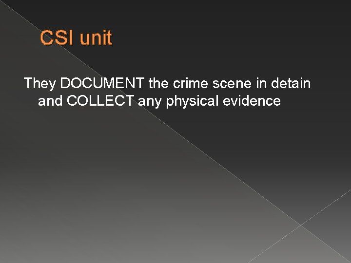 CSI unit They DOCUMENT the crime scene in detain and COLLECT any physical evidence