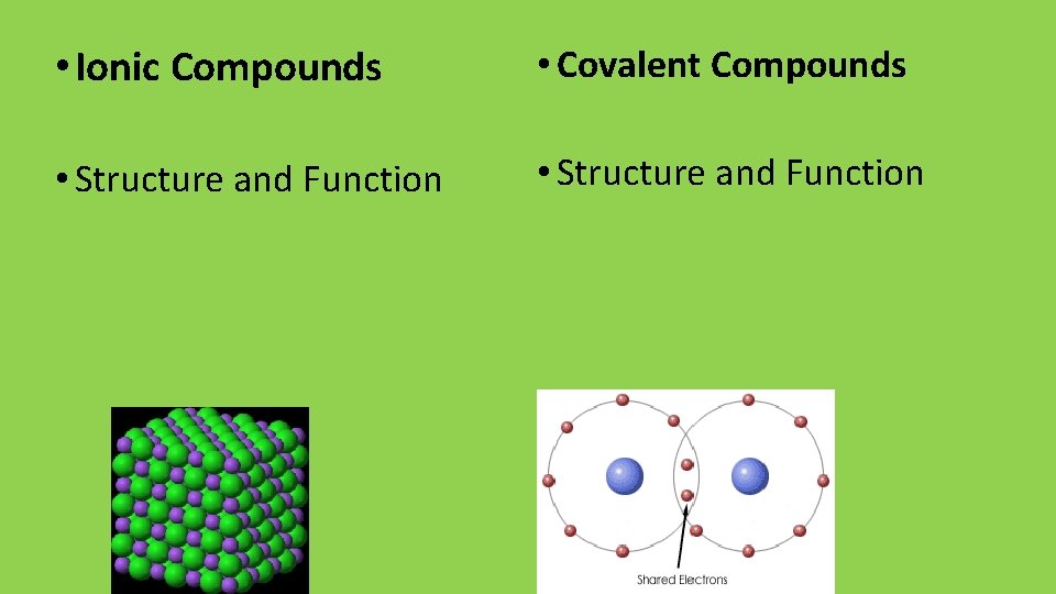  • Ionic Compounds • Covalent Compounds • Structure and Function 