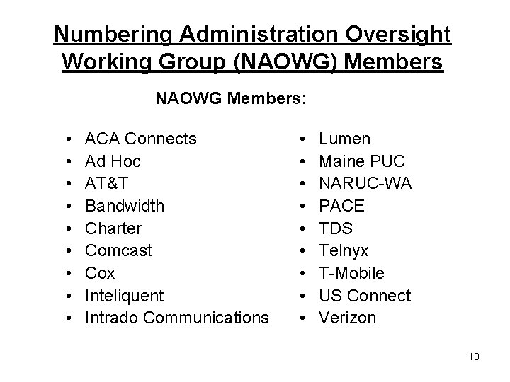Numbering Administration Oversight Working Group (NAOWG) Members NAOWG Members: • • • ACA Connects