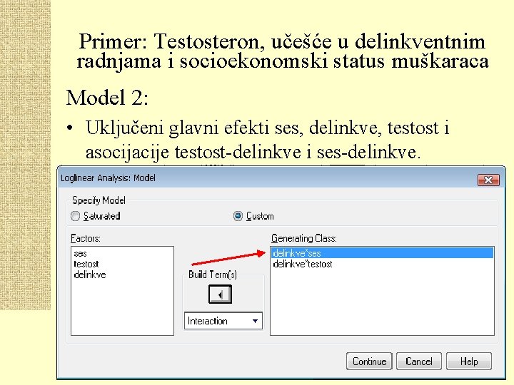 Primer: Testosteron, učešće u delinkventnim radnjama i socioekonomski status muškaraca Model 2: • Uključeni