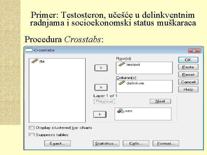 Primer: Testosteron, učešće u delinkventnim radnjama i socioekonomski status muškaraca Procedura Crosstabs: 