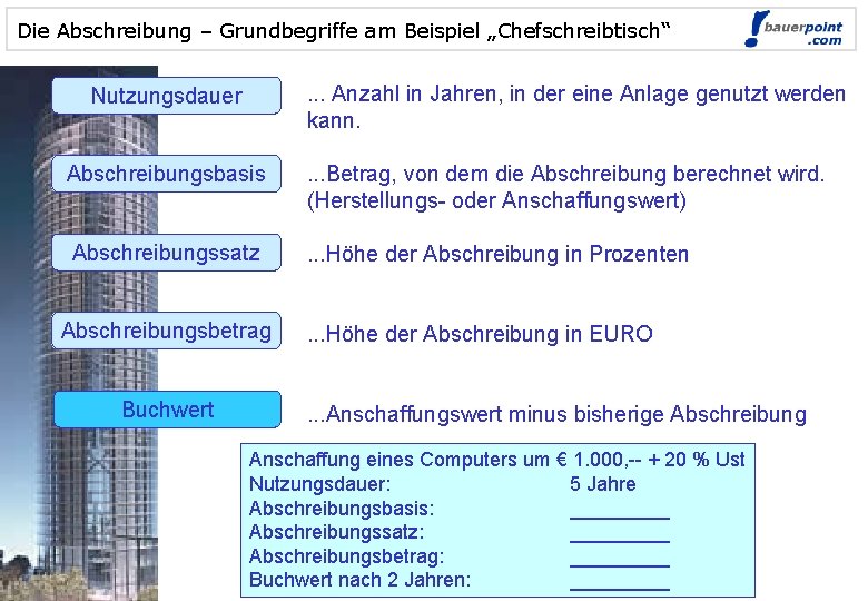 Die Abschreibung – Grundbegriffe am Beispiel „Chefschreibtisch“ © bauerpoint. com . . . Anzahl