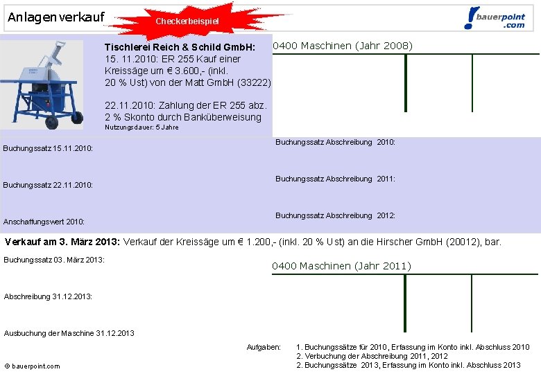 Anlagenverkauf Checkerbeispiel © bauerpoint. com 0400 Maschinen (Jahr 2008) Tischlerei Reich & Schild Gmb.