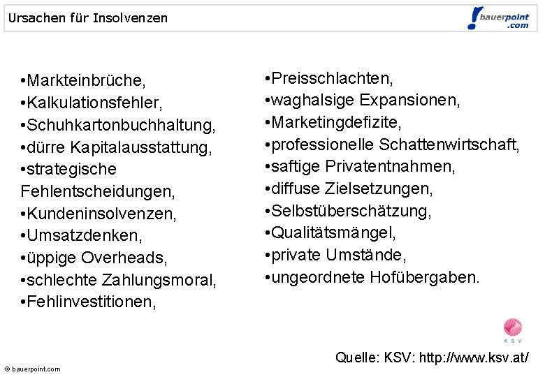 Ursachen für Insolvenzen • Markteinbrüche, • Kalkulationsfehler, • Schuhkartonbuchhaltung, • dürre Kapitalausstattung, • strategische