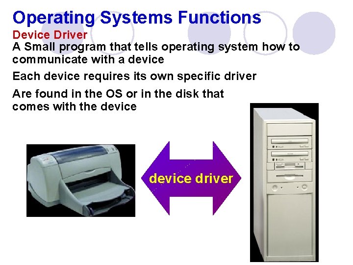 Operating Systems Functions Device Driver A Small program that tells operating system how to