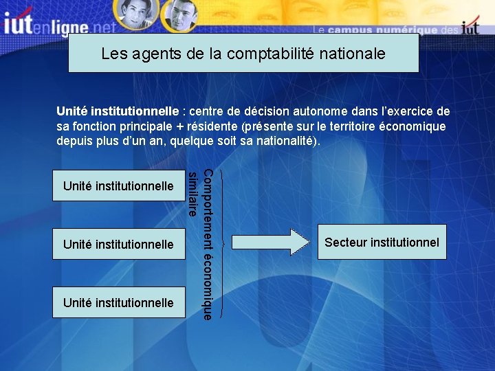 Les agents de la comptabilité nationale Unité institutionnelle : centre de décision autonome dans