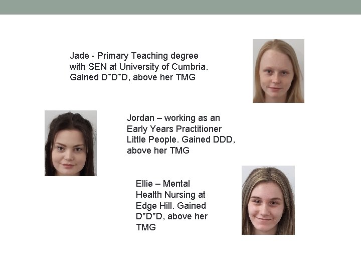 Jade - Primary Teaching degree with SEN at University of Cumbria. Gained D*D*D, above
