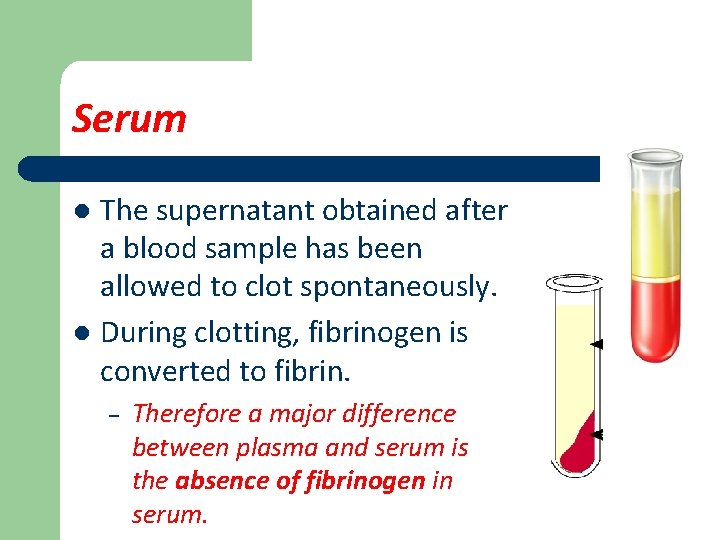 Serum The supernatant obtained after a blood sample has been allowed to clot spontaneously.