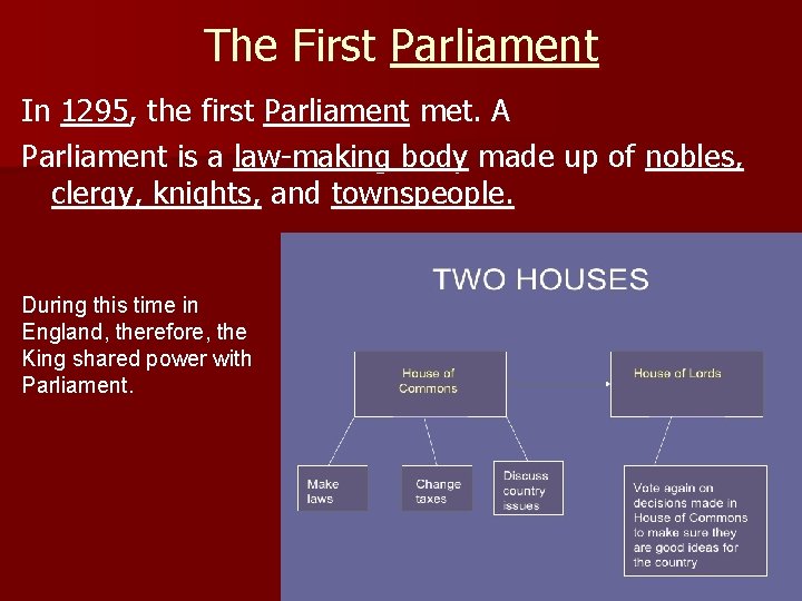 The First Parliament In 1295, the first Parliament met. A Parliament is a law-making