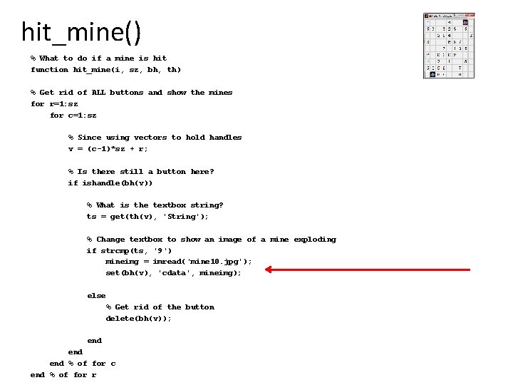 hit_mine() % What to do if a mine is hit function hit_mine(i, sz, bh,