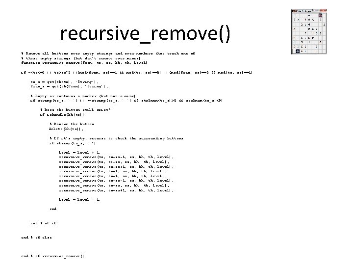 recursive_remove() % Remove all buttons over empty strings and over numbers that touch one