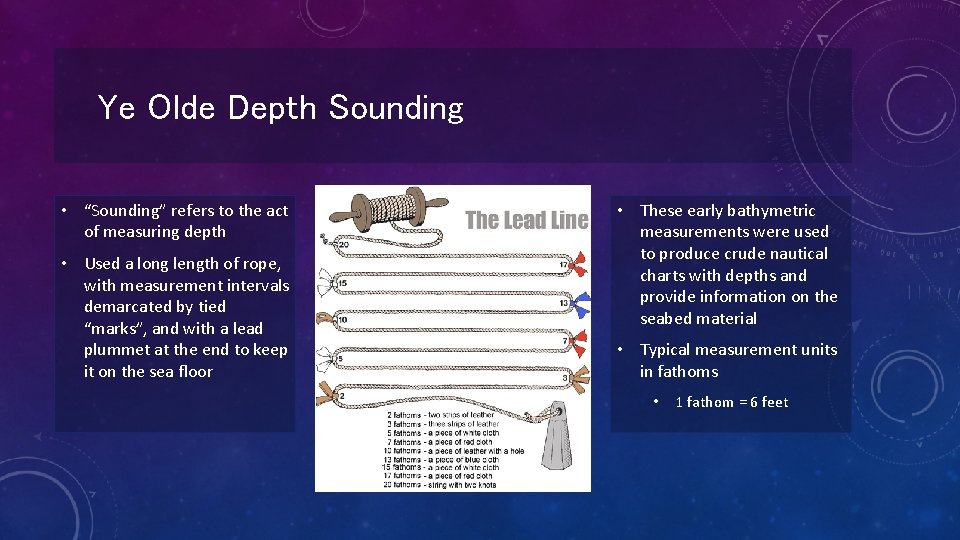 Ye Olde Depth Sounding • “Sounding” refers to the act of measuring depth •