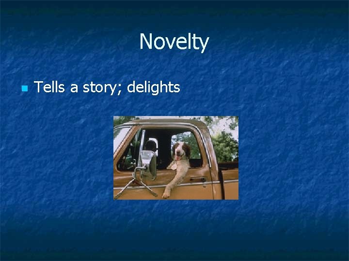 Novelty n Tells a story; delights 