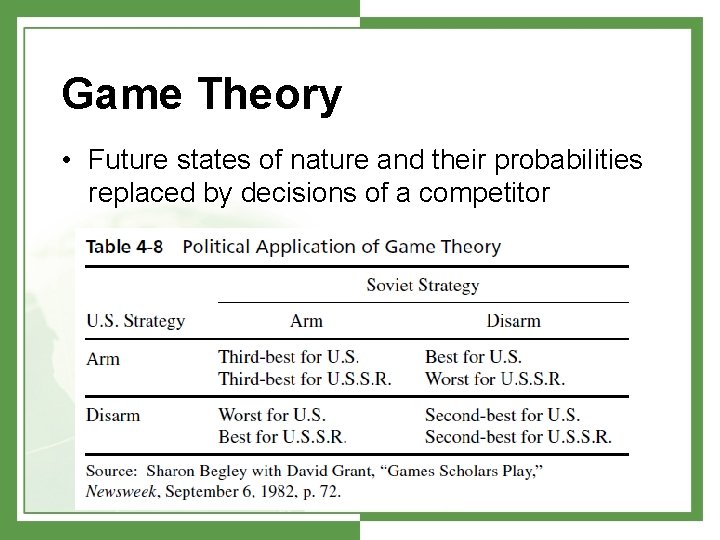 Game Theory • Future states of nature and their probabilities replaced by decisions of