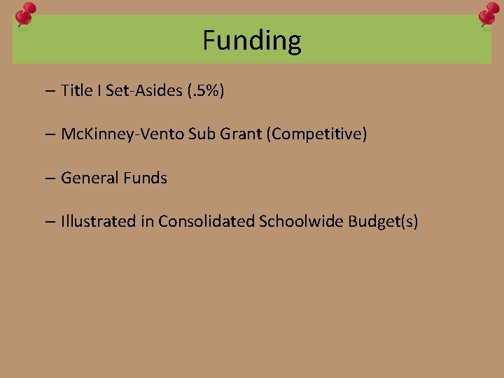 Funding – Title I Set-Asides (. 5%) – Mc. Kinney-Vento Sub Grant (Competitive) –