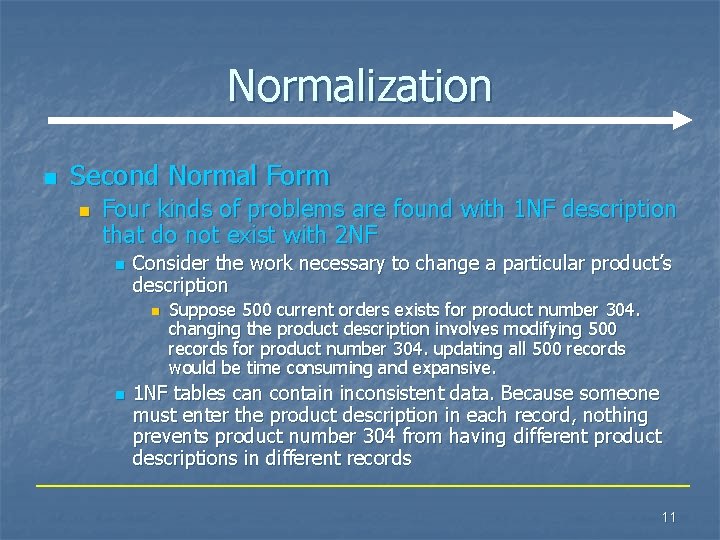 Normalization n Second Normal Form n Four kinds of problems are found with 1