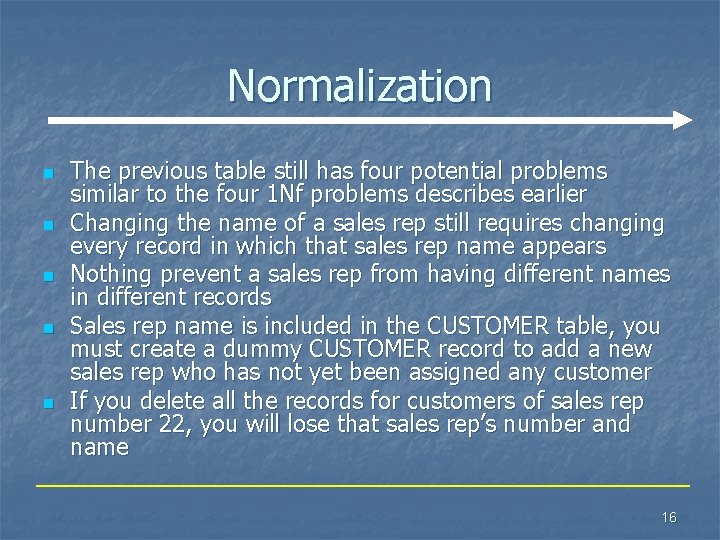Normalization n n The previous table still has four potential problems similar to the