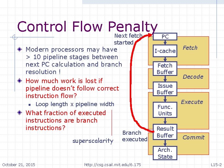 Control Flow Penalty Next fetch started PC Modern processors may have > 10 pipeline