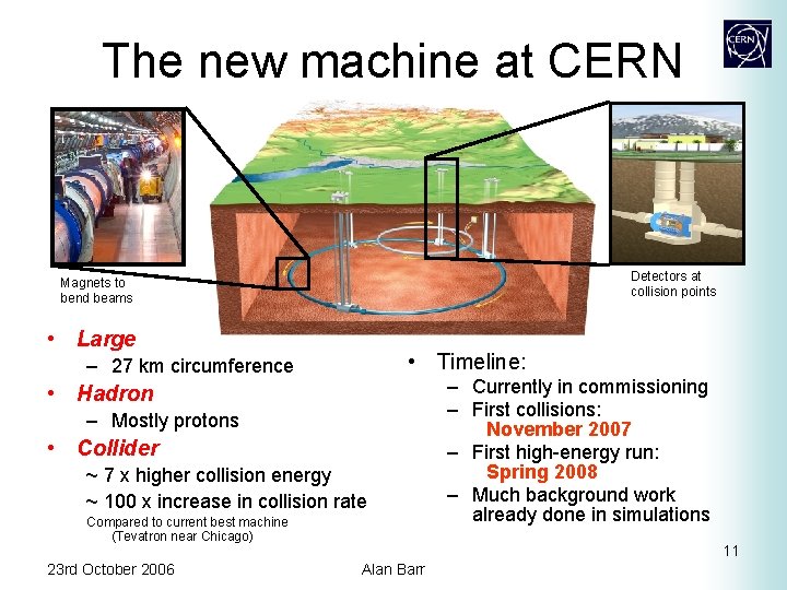 The new machine at CERN Detectors at collision points Magnets to bend beams •
