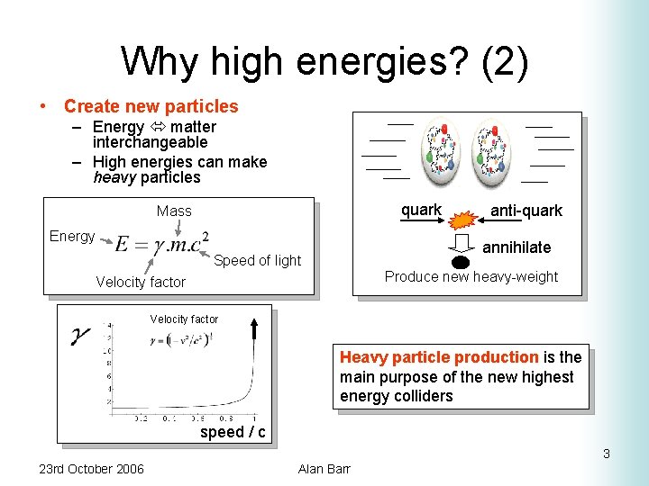 Why high energies? (2) • Create new particles – Energy matter interchangeable – High