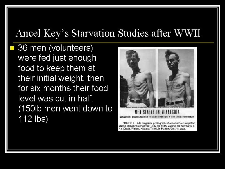 Ancel Key’s Starvation Studies after WWII n 36 men (volunteers) were fed just enough