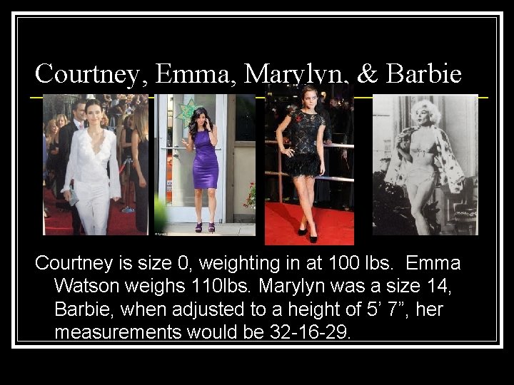 Courtney, Emma, Marylyn, & Barbie Courtney is size 0, weighting in at 100 lbs.
