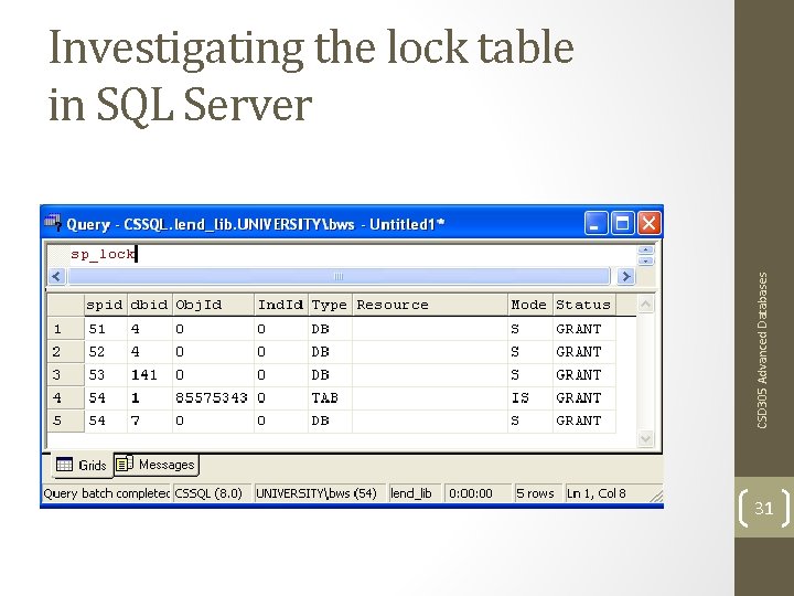CSD 305 Advanced Databases Investigating the lock table in SQL Server 31 