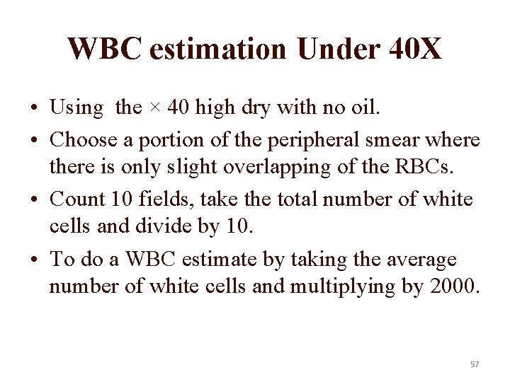 WBC estimation Under 40 X • Using the × 40 high dry with no