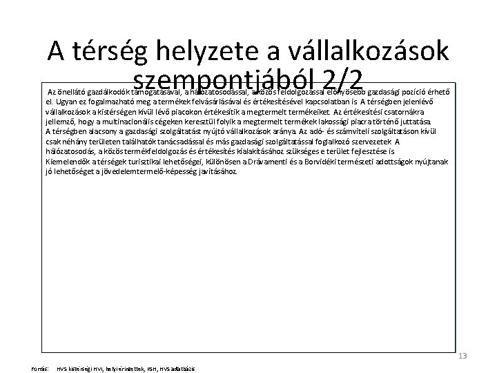 A térség helyzete a vállalkozások szempontjából 2/2 Az önellátó gazdálkodók támogatásával, a hálózatosodással, a