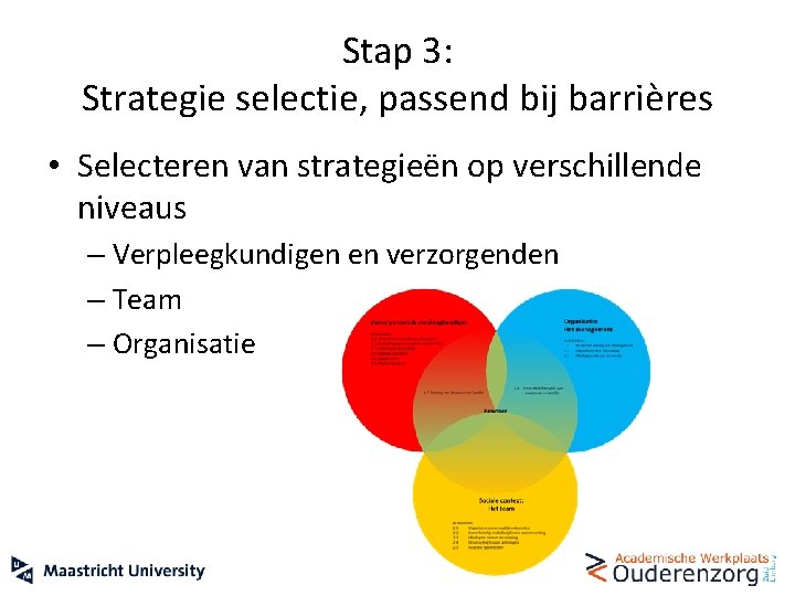 Stap 3: Strategie selectie, passend bij barrières • Selecteren van strategieën op verschillende niveaus