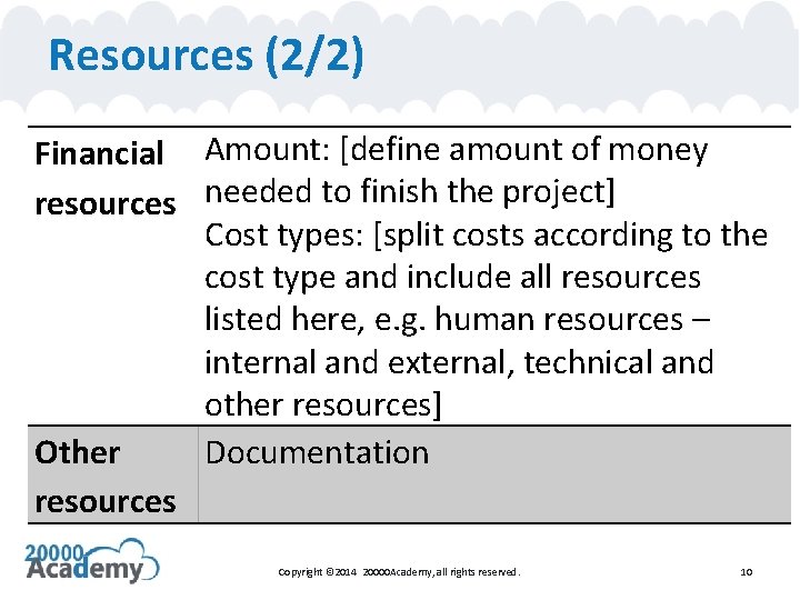 Resources (2/2) Financial Amount: [define amount of money resources needed to finish the project]