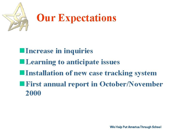 Our Expectations n Increase in inquiries n Learning to anticipate issues n Installation of