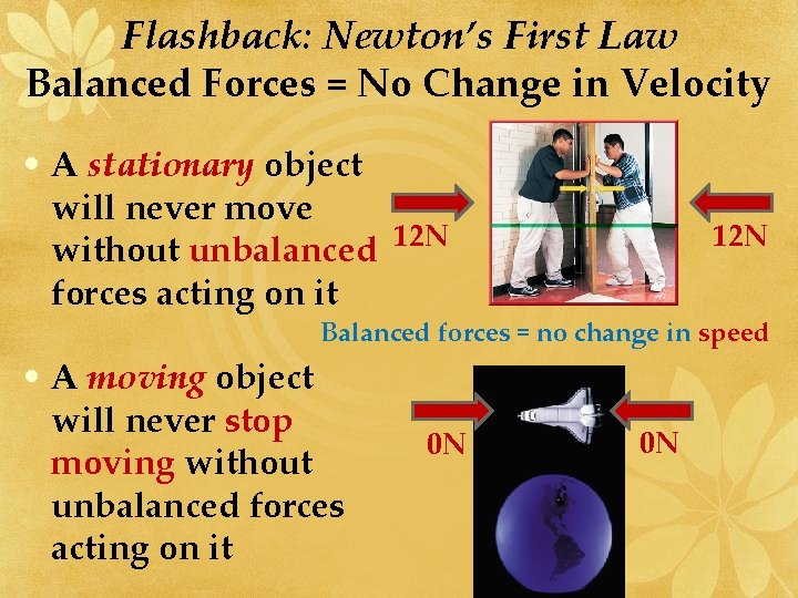 Flashback: Newton’s First Law Balanced Forces = No Change in Velocity • A stationary